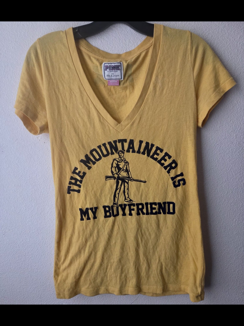 PINK Victoria's Secret Yellow V-Neck 'The Mountaineer Is My Boyfriend' Tee